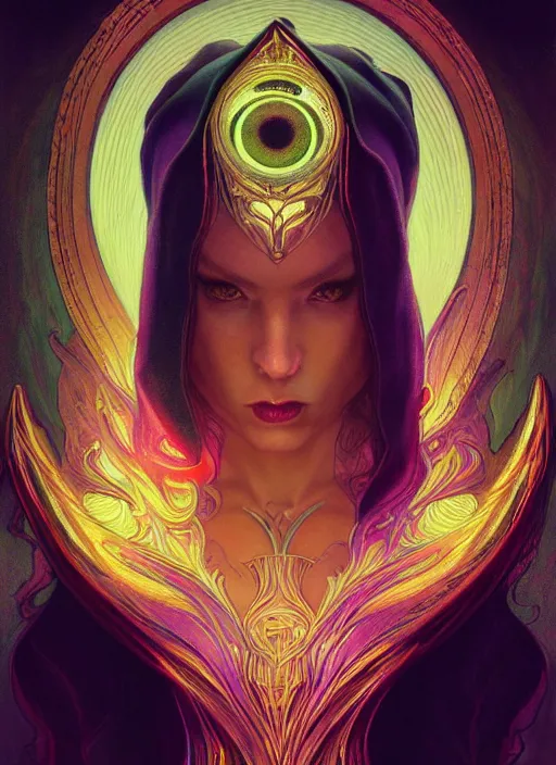 Image similar to book cover, front portrait, dark witch with black hood and evil eyes, realism, soft, smooth, luminescent, art nouveau tarot, backlit glow, colorful swirly ripples, gaudy colors, aesthetic octane render, unreal engine, 8 k, by artgerm, greg rutkowski, alphonse mucha