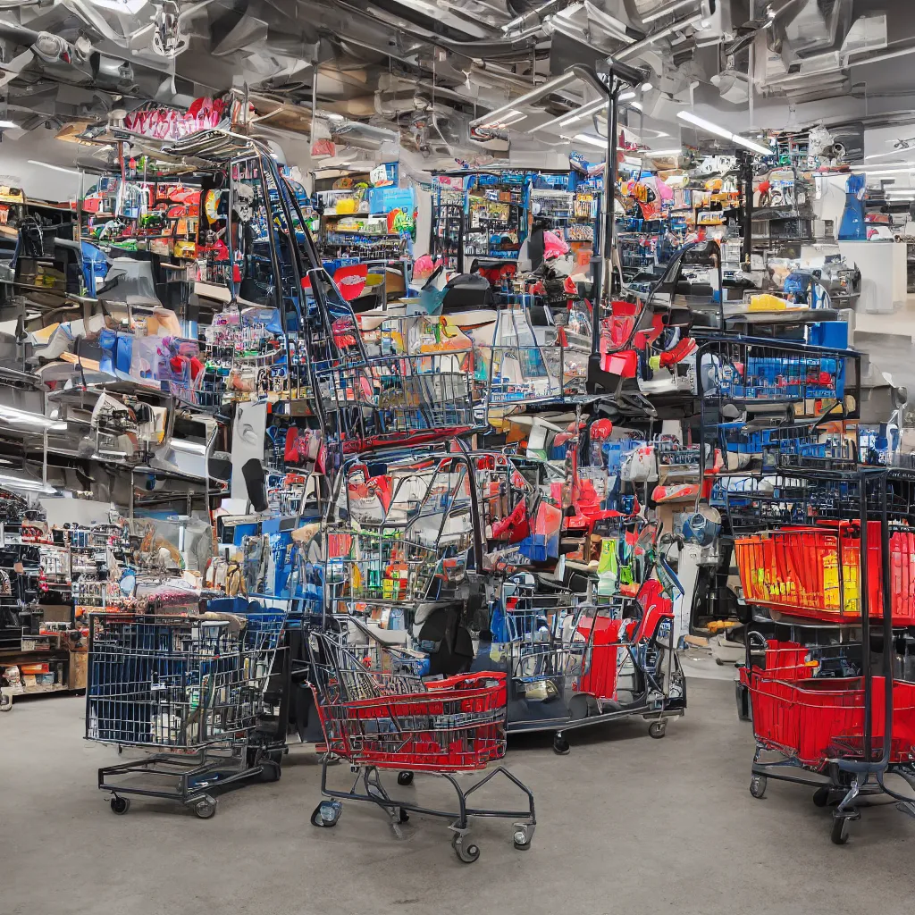 Prompt: glossy product photograph of a shopping cart with monster tires and large exhaust pipes, studio lighting