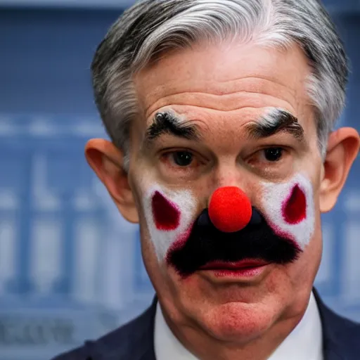 Image similar to Jerome Powell with colorful clown makeup whiteface all over his face