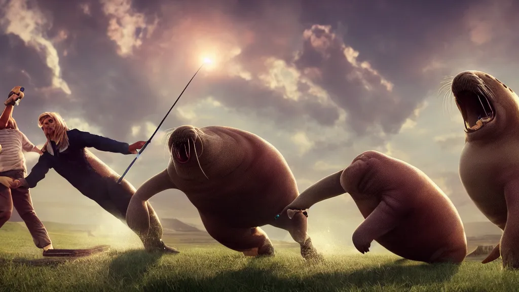 Image similar to a walrus attacking a blond golfer, fantasy artwork, hd, hdr, ue 5, ue 6, unreal engine 5, cinematic 4 k wallpaper, 8 k, ultra detailed, high resolution, artstation, award winning