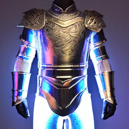 Image similar to holographic corinthian armor, man wearing armor, glowing, see through, spectacular