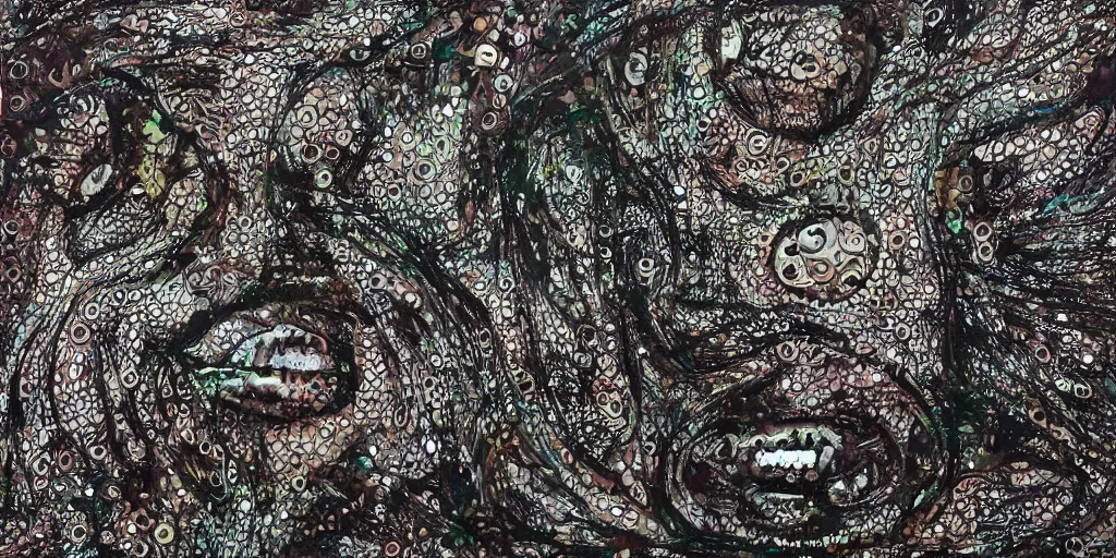 Prompt: camo made of eyes, technical, acrylic, teeth, eerie, tribal, clay, dotting, lines, stipple, points, cybernetic, style of old painting, francis bacon art, swirly eyes, hypnosis, eerie, terror, oil, neon, black and white, splotches, colorful dots, ominous,