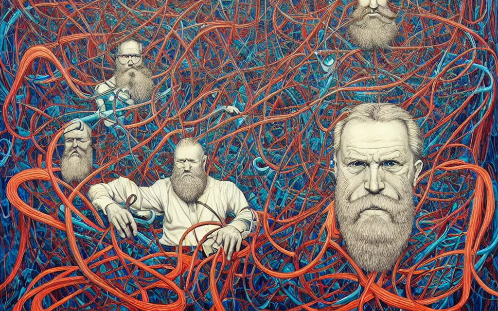 Image similar to conference at modern day uno headquarters, news segment, cnn, meeting of philosophers, a lot of old white men with big beards speaking about the soul, the infinite, and the nature of existence, painting by james jean