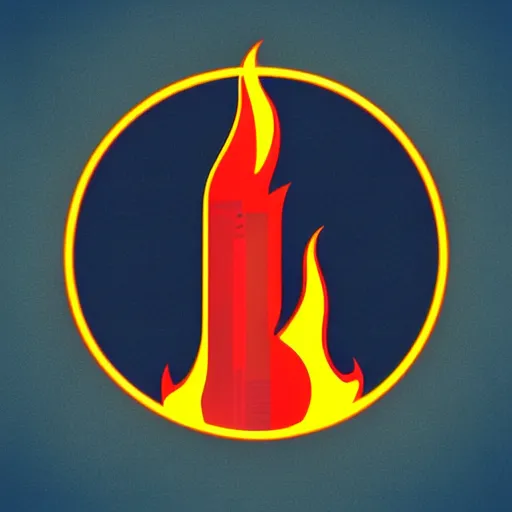 Prompt: cartoon building on fire as logo, burning, flames, symmetrical, washed out color, centered, art deco, 1 9 5 0's futuristic, glowing highlights, peaceful