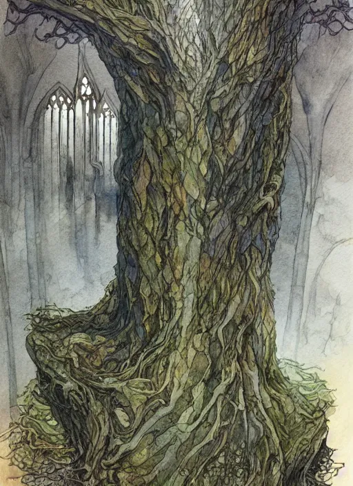 Image similar to pipe organ shaped like a tree, detailed fantasy watercolor comic style, subtle colors, by alan lee and john howe