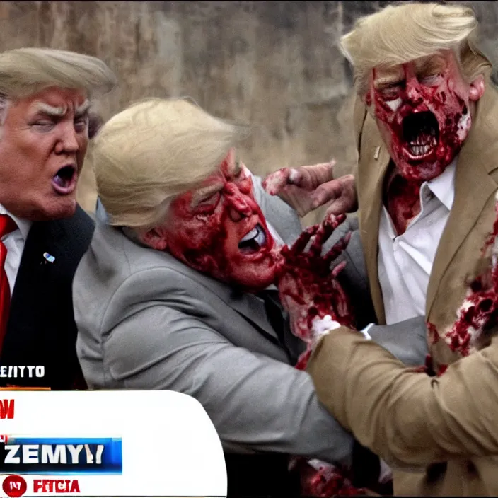 Prompt: action scene from a quintin tarantino movie where zombie donald trump is in an epic fight with zombie jay leno. foxnews coverage of the scene. professional cinematography.