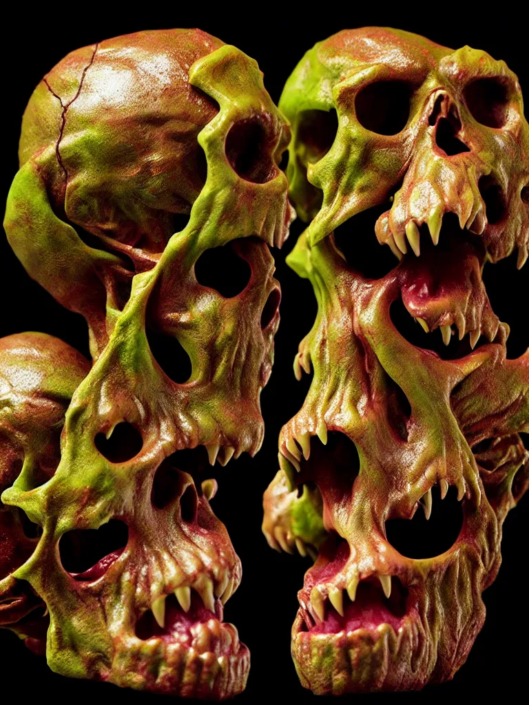 Image similar to hyperrealistic subsurface scattering rendering, fat smooth wet cronenberg flesh monster smooth skulls and ribcages kaiju by art of skinner and richard corben and jeff easley, product photography, action figure, sofubi, studio lighting, colored gels