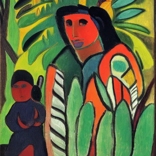 Prompt: painting of a tiger, and young native american woman, in a jungle, by alexej von jawlensky