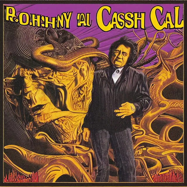 Prompt: album cover for Johnny Cash: The Snake Oil Tapes, album art by Ron Walotsky, snake oil album, snakes, quack medicine, no text, sometimes there's a dream