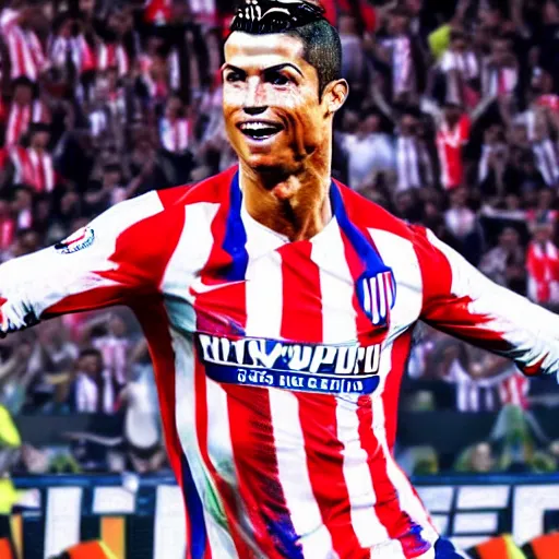 Prompt: cristiano ronaldo celebrating a goal dressed with the atletico de madrid football team shirt, 4 k extremely photorealistic, hyper detailed, sports illustrated