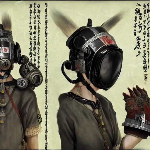 Prompt: japanese solarpunk senpai in a ceremony with extremely detailed respirators and head gear, inspired by die antwoord beautiful, hand painted textures, cloth physics, deviantart, karol bak, masamune shirow, black and white, beautiful kawaii lighting, photorealistic, concept art, perfect render, 3 d render, pixar, 8 k