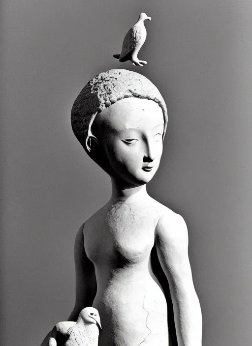 Prompt: realistic photo of a a ancient girl sculpture doll made of white clay, holding a pigeon, greyscale grain 1 9 6 0, life magazine photo, natural colors, metropolitan museum, kodak