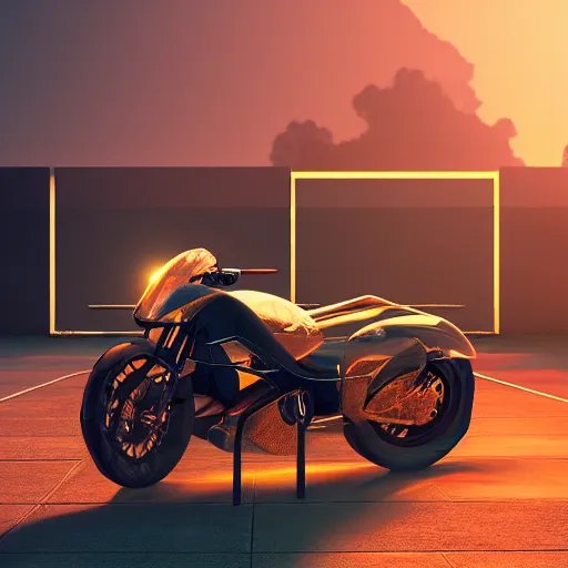 Prompt: detailed motorcycle by christopher pearase on artstation,styled like artwork centispeed on artstation stunning volumetric light, sunset, metal and glass and translucent material, stunning sky, 8k