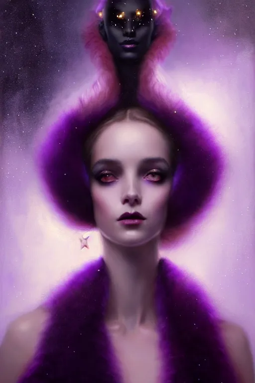 Image similar to Nocturne, glowing, stars, a portrait of a beautiful female shadow djinn creature with long fur collar, highly detailed, mysterious, ethereal, dressed in violet velvet, haute couture, illustration, dramatic lighting, soft details, painting, by Edmund Blair Leighton, Brom, Charlie Bowater, trending on artstation, faces by Tom Bagshaw, otto schmidt