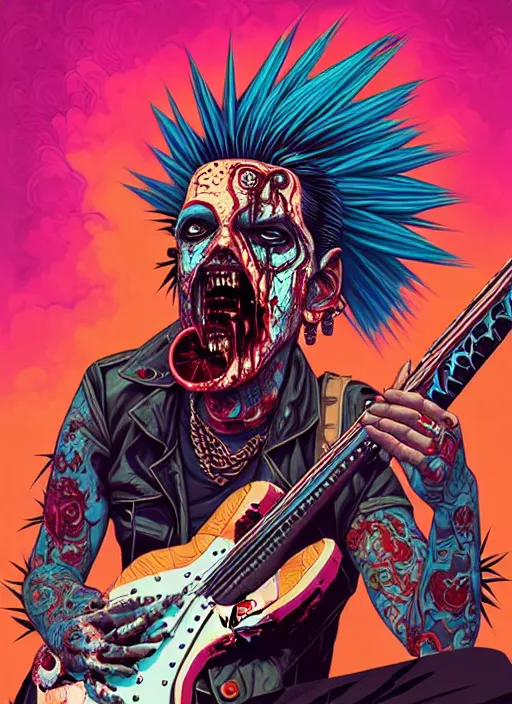 Image similar to a zombie punk rocker with a mohawk playing electric guitar, tristan eaton, victo ngai, artgerm, rhads, ross draws, cinematic by francis tneh