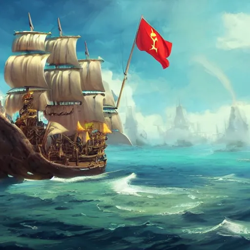 Image similar to a large pirate ship floating on top of a body of water, pirates flag , cgsociety, fantasy art, 2d game art, concept art , ambient occlusion, behance hd , concept art by Jesper Ejsing, by RHADS, Makoto Shinkai Cyril Rolando