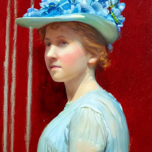 Image similar to portrait painting of a lady in a light blue dress 1 9 0 0 s entire face shown in great detail, garden, photorealistic, extreme detail, sharp focus, 8 k, intricate, hyper detailed, realistic, cinematic lighting