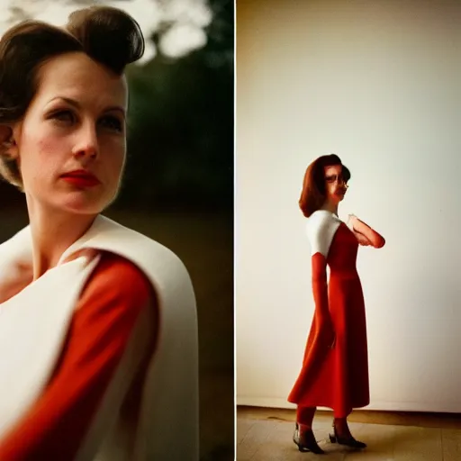 Image similar to A realistic and detailed portrait photography of a woman wearing a 1960s tailer made dress by Annie Leibovitz. Neo noir style. Cinematic. Natural light and cool midcentury colors fill the scene. Cinestill 800T film. Lens flare. Helios 44m. Ultra detail. Photoreal. Depth of field.