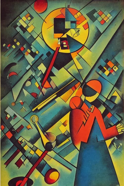 Image similar to “A metal detectorist in a Soviet propaganda poster, in the style of Kandinsky”