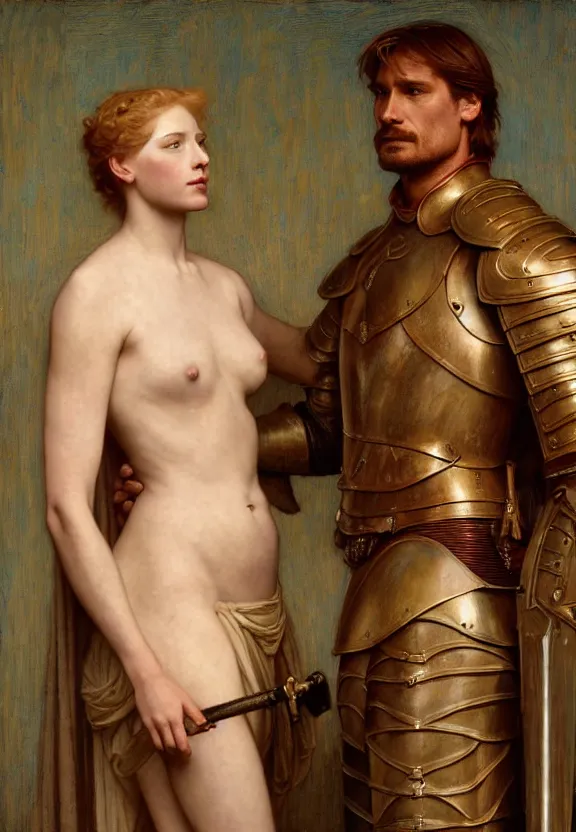 Image similar to attractive handsome fully clothed jaime lannister confesses his love for attractive fully armored brienne of tarth. two knights in love. highly detailed painting by gaston bussiere and j. c. leyendecker and william adolphe bouguereau and fra angelico and octane render, musee d'orsay 8 k