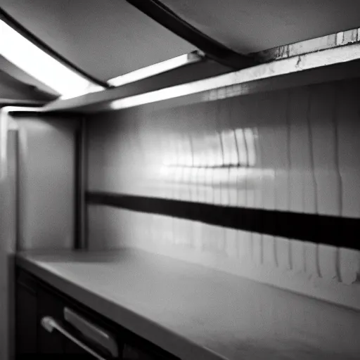 Prompt: flat light, ambient occlusion, black black black dark dark dark, underexposed photography, dark underground kitchen, windowless