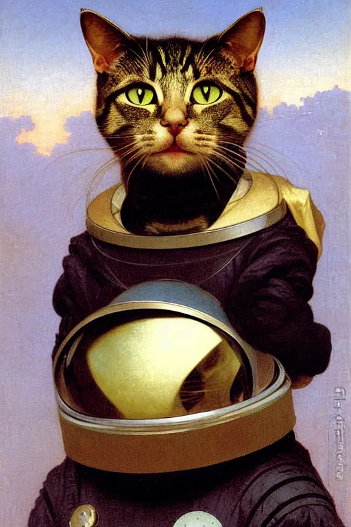 Image similar to portrait of a cat astronaut with japanese armor and helmet, by bouguereau