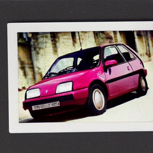 Image similar to a fiat uno in front of thousands of tesla vintage scratched white borders polaroid photo