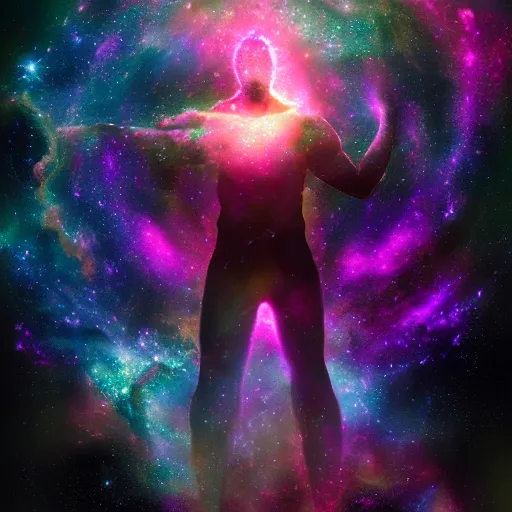 Image similar to photorealistic fantasy cosmic concept art of a cosmic god made out of nebulas and the cosmos hovering in a unknown galaxy, fully body portrait, cinematic, dynamic lighting, ultra detailed, creative, trending on art station, creative
