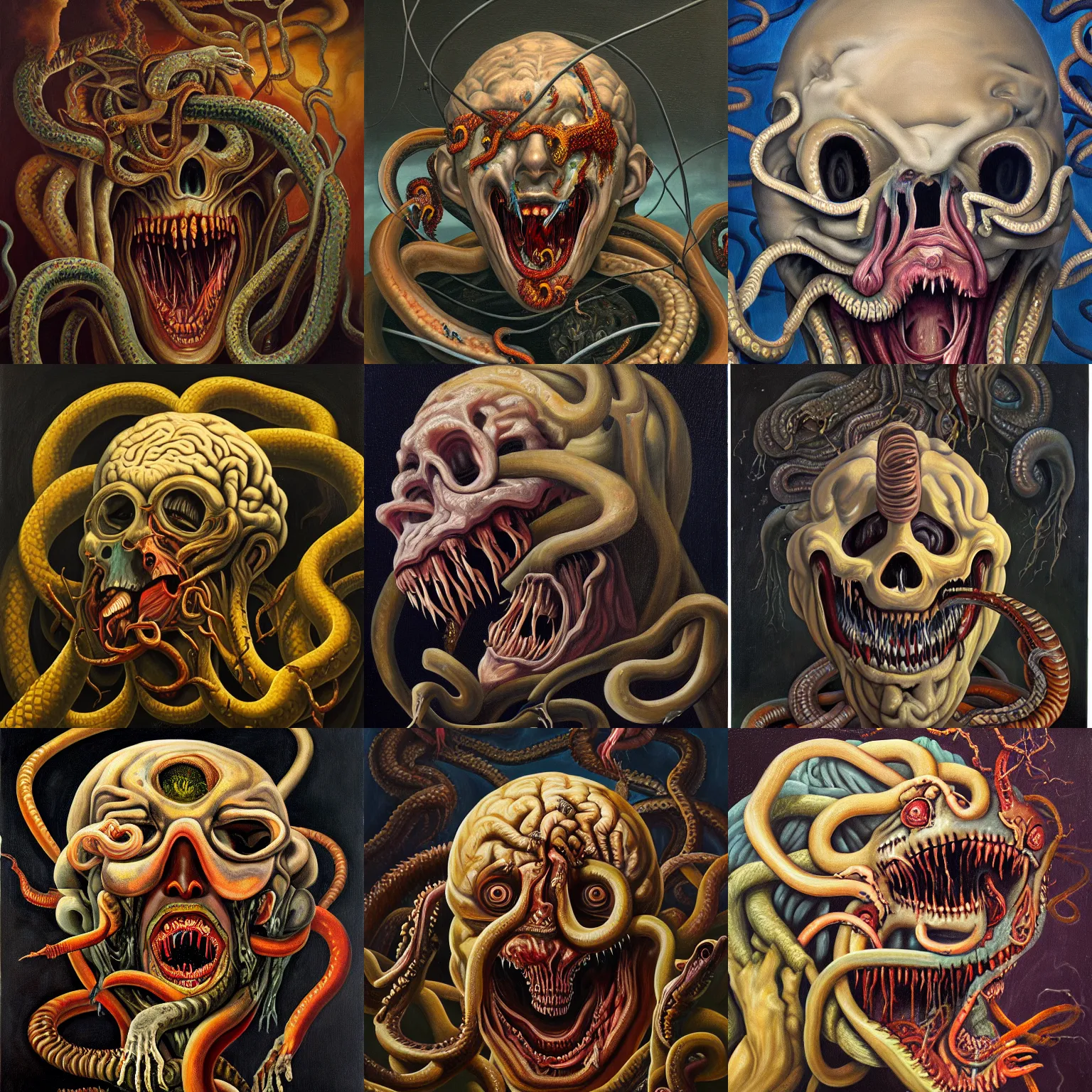 Prompt: an oil on canvas painting of a screaming decapitated man's partially decomposing face with many biting serpents swarming out of his exposed brain, a surrealist painting, polycount, surrealism, surrealist, lovecraftian, cosmic horror, high detail, chiaroscuro