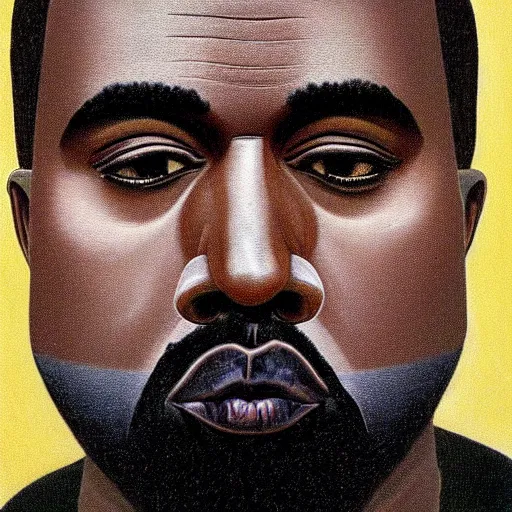 Image similar to very detailed portrait of kanye west's face. extreme close - up. painted by rene magritte, 1 9 2 7. oil on canvas.