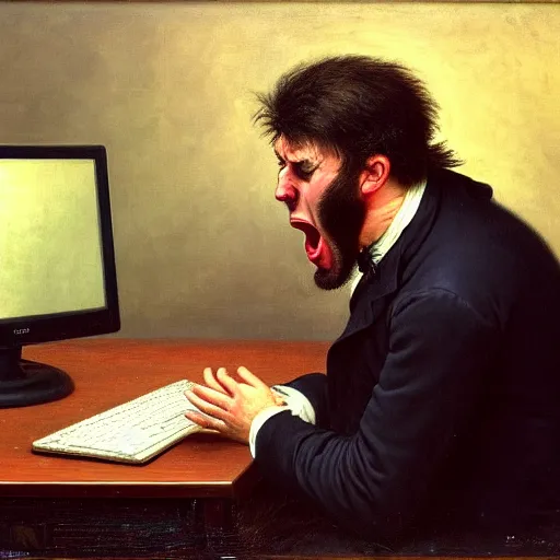 Image similar to an angry man yells at his computer monitor, oil on canvas, 1 8 8 3, highly detailed