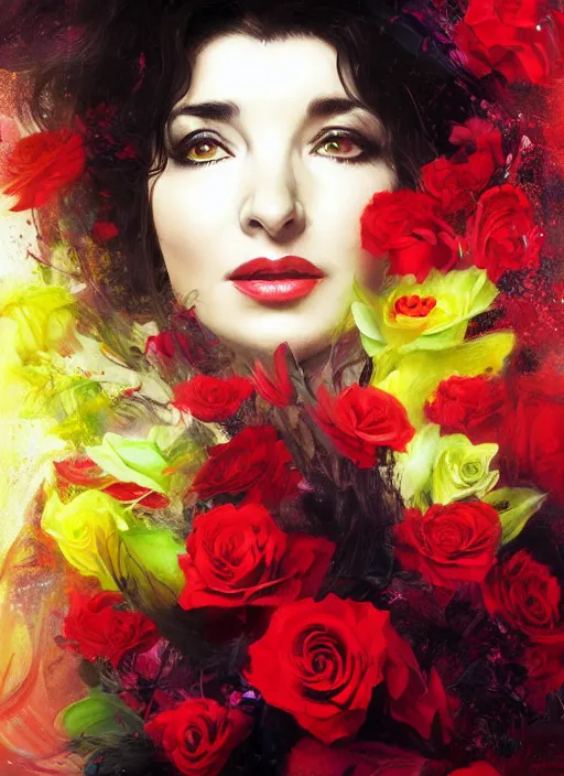 Image similar to portrait of kate bush against a neon multicolored background, lush black hair, pale skin, red roses, flowing material, intricate, beautiful cinematic lighting, stunning painting by caravaggio, android jones, wadim kashin