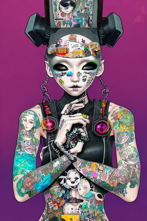 Image similar to full view, from a distance, of anthropomorphic trashcan full of trash, who is cyberpunk girl with tattoos, style of yoshii chie and hikari shimoda and martine johanna, highly detailed