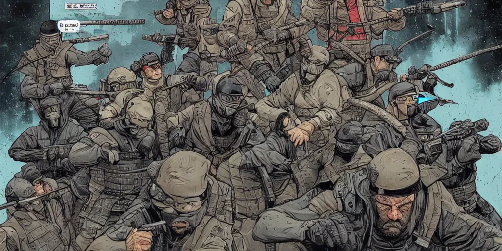 Prompt: keystone cops vs. Ninjas. Epic painting by James Gurney and Laurie Greasley.