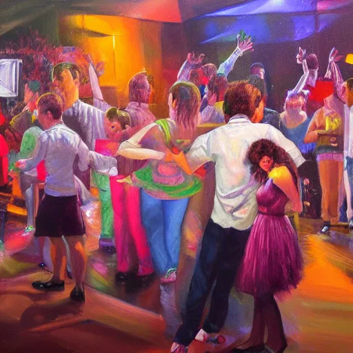 Prompt: a soft comfy bed, on the dancefloor at a disco, oil painting, hyperdetailed