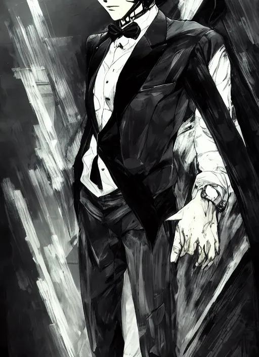 Image similar to Half body portrait of a god of intellect, a man in a tuxedo wearing a shattered mirror mask. In style of Yoji Shinkawa and Hyung-tae Kim, trending on ArtStation, dark fantasy, great composition, concept art, highly detailed, dynamic pose.