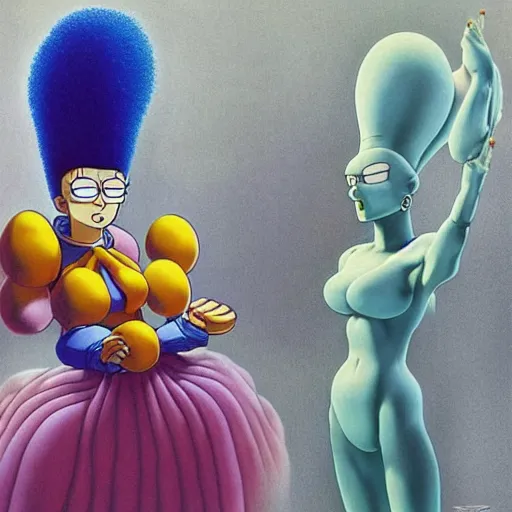 Image similar to marge simpson and her new family from dragon ball z drawn by zdislaw beksinski and hajime sorayama, hyperrealistic