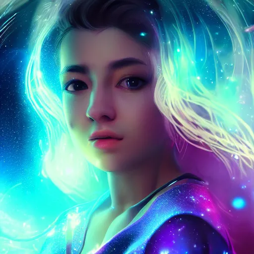 Image similar to beautiful girl galaxy background, portrait character concept style trending on artstation concept art detailed octane render cinematic photo-realistic 8k high detailed