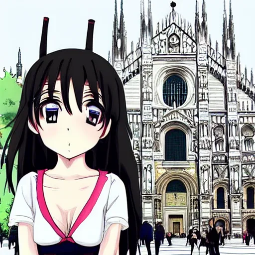 Prompt: “anime girl in front of the duomo cathedral in Milano, pixiv anime”