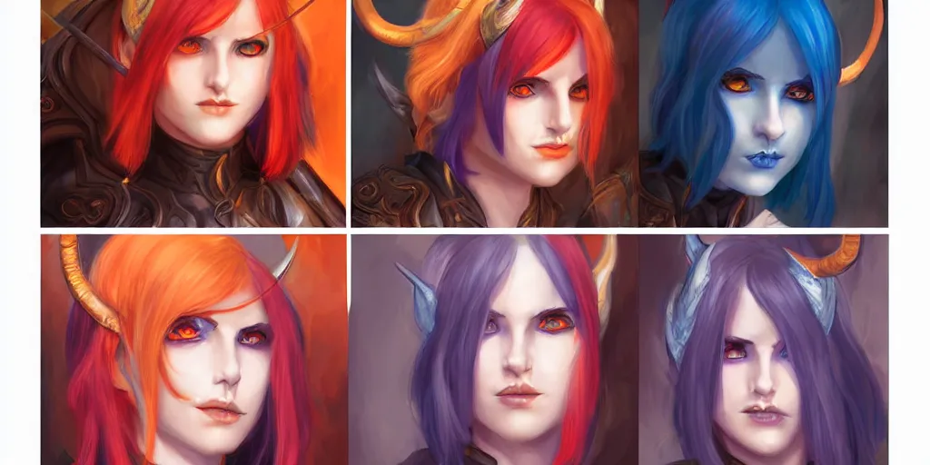 Image similar to triptych of youthful female feminine horned tiefling female bard with long bob cut blue hairstyle, her skin is orange and pale, she has immaculate skin and her eyes are pure black orbs and she is wearing colorful leather armor by rossdraws,