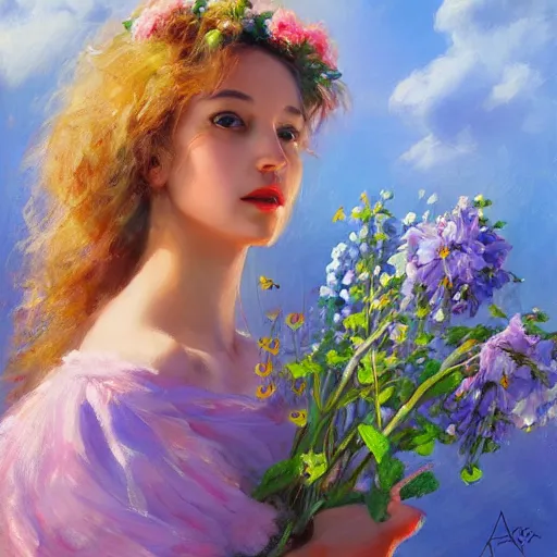 Image similar to a portrait of a romantic woman with flowers grow out of hair, roses peonies forget-me-nots dahlias lupins gladioli, sky theme in background, by Alexandr Averin, Digital Art, Trending on artstation