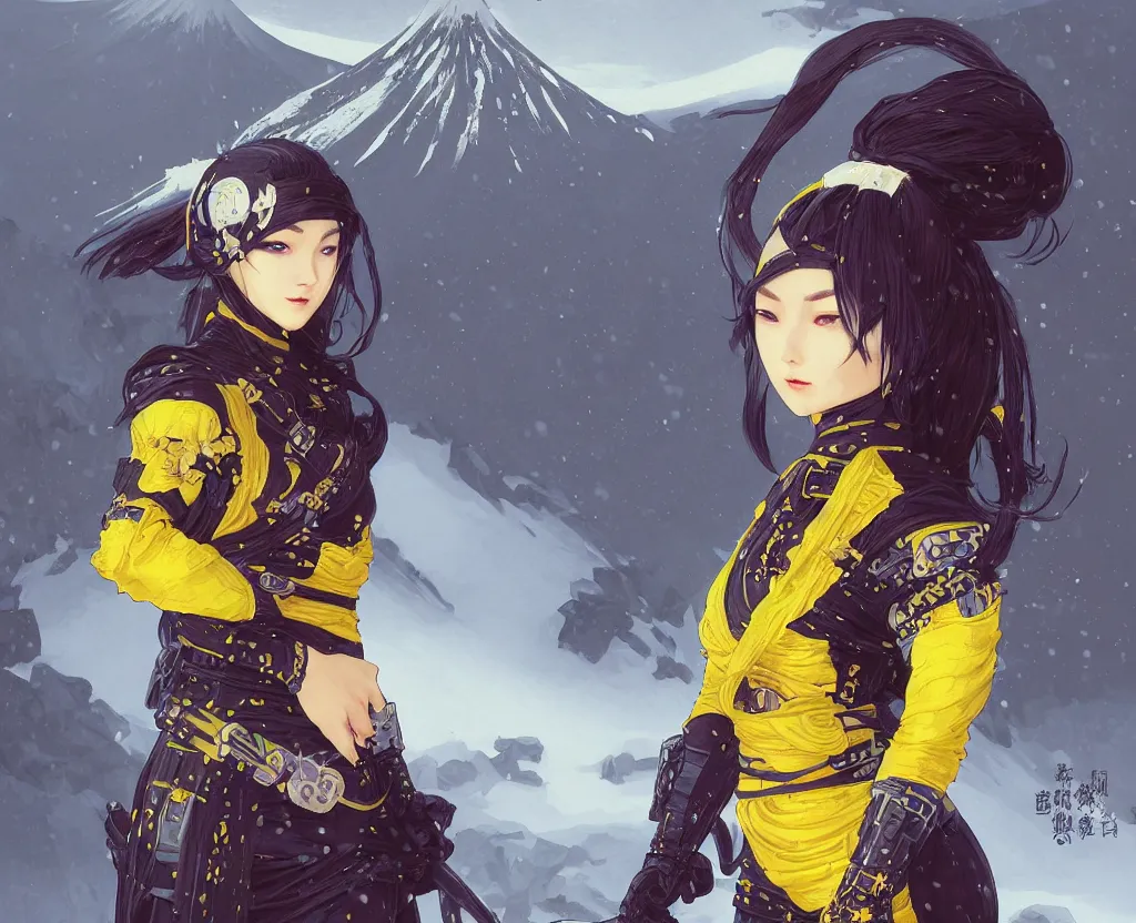 Image similar to portrait ninja gaiden girl, black plus little yellow ninja wardrobe, at snowy fuji mountain sunrise, ssci - fi and fantasy, intricate and very very beautiful, detailed, digital painting, artstation, concept art, smooth and sharp focus, illustration, art by tian zi and wlop and alphonse mucha