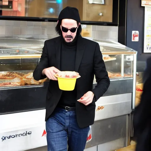 Prompt: keanu reeves working in a uk chicken shop