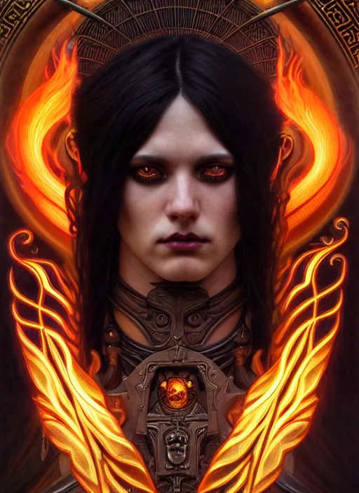 Image similar to portrait of god ares, long straigt black hair,, glowing eyes, volumetric lights, fire, art nouveau botanicals, gothic, intricate, highly detailed, digital painting, artstation, concept art, smooth, sharp focus, symmetric face, illustration, steampunk, art by artgerm and greg rutkowski and alphonse mucha