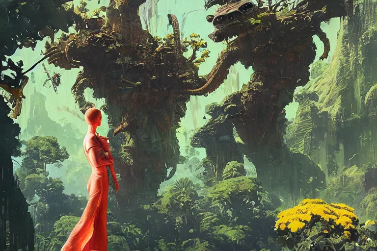 Image similar to pulp scifi illustration, elegant woman meets lizard alien in beautiful garden, flowers, baobab trees, distant town in valley and hills, spacehip lands, by norman rockwell, jack kirby, john berkey, bergey, craig mullins, ruan jia, raymond swanland, jeremy mann, beksinski, tom lovell, alex malveda, schomburg