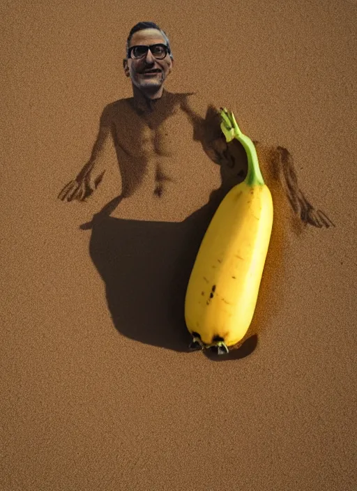 Image similar to jeff goldblum as a banana on the sand of a beach