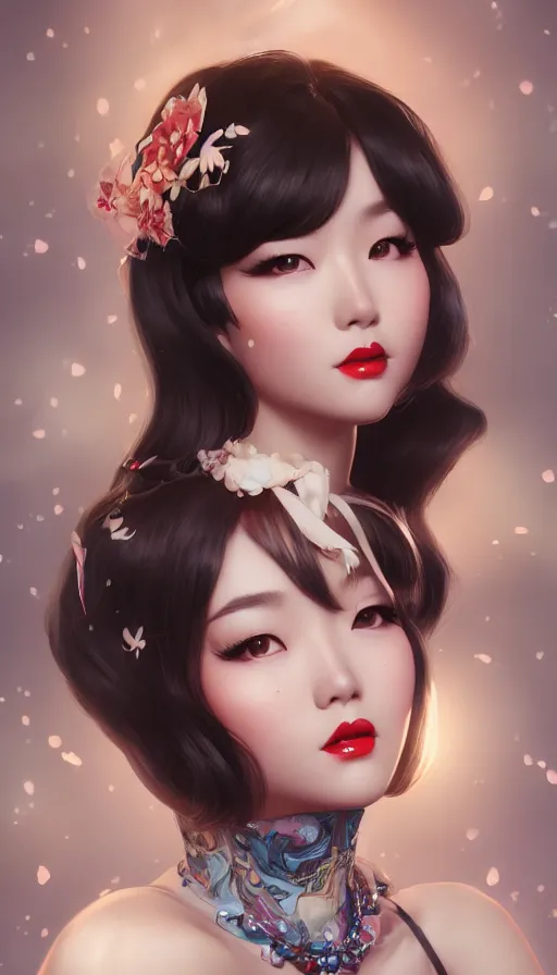 Image similar to a pin up and beautiful fashion and charming and dreamlke asian girl, lv jewelry, art by artgerm & jeehyung lee & wlop, hyperdetailed, 8 k realistic, symmetrical, frostbite 3 engine, cryengine, dof, trending on artstation, digital art