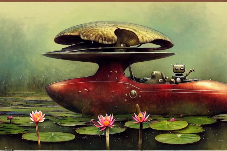 Prompt: adventurer ( ( ( ( ( 1 9 5 0 s retro future robot mouse amphibious vehical home. muted colors. swamp mushrooms. water lilies ) ) ) ) ) by jean baptiste monge!!!!!!!!!!!!!!!!!!!!!!!!! chrome red