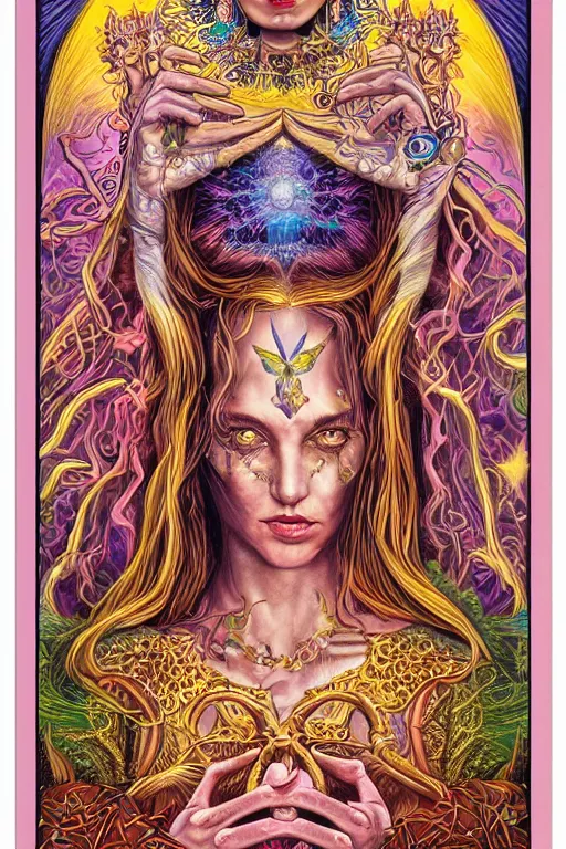 Prompt: beautiful tarot card of the queen of dreams by carol bak and alex grey and dan mumford, oil on canvas, intricate, border, symmetrical, portrait, 8k highly professionally detailed, HDR, CGsociety