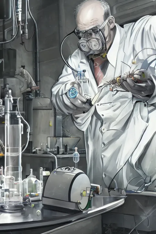 Image similar to a mad scientist mixing dangerous radioactive chemicals on a laboratory, wlop, trending on artstation, deviantart, anime key visual, official media, professional art, 8 k uhd